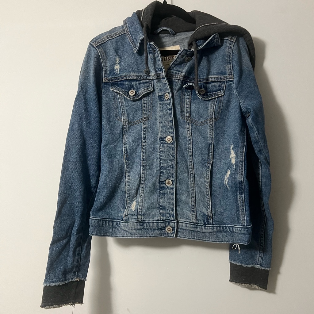 Hollister Women's Denim Distressed Blue Jean Jacket With Hood